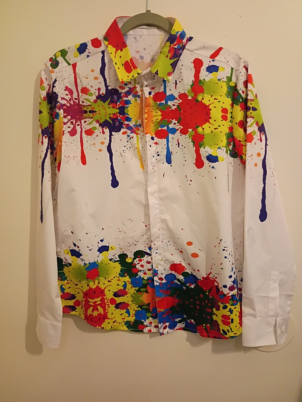 Men's White Paint-Splash Button-up Shirt - Multicolor Art Print Sz L NWOT
